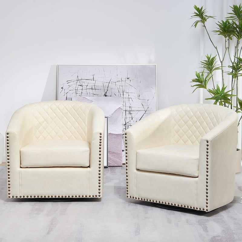 KINWELL 29" Wide Tufted PU Leather Swivel Barrel Chair (Set of 2)