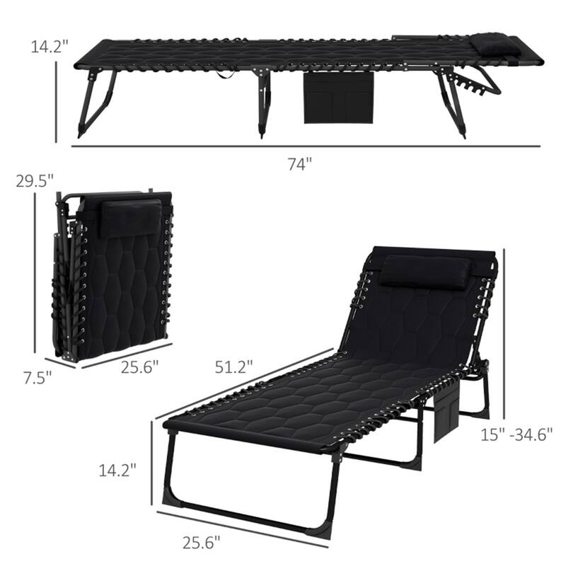 2 Person Adjustable Sun Lounger with Cushions and Side Pockets Foldable Steel Frame Oxford Fabric Reclining Chair