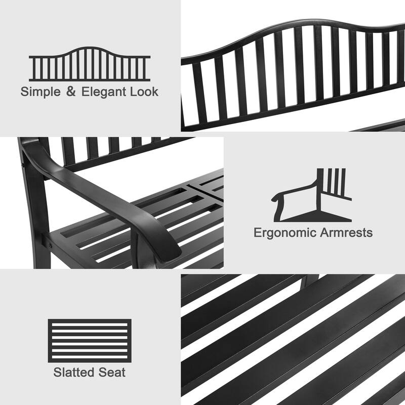 E-Coated Metal Frame Outdoor Bench with Backrest and a Built-In Small Table, Black