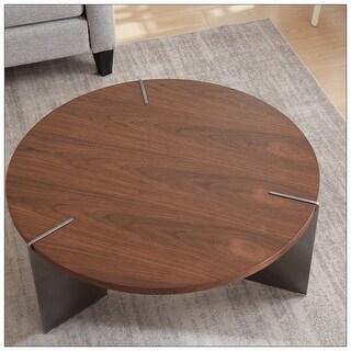 Round Coffee Table Walnut Wood Surface and Black Metel Feet - Bed Bath ...