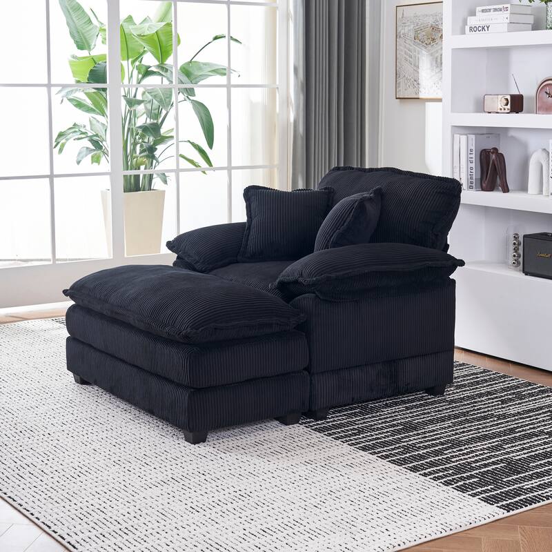56.3 Inch Black Foam Corduroy Single Sofa with 2 Toss Pillows and Ottoman