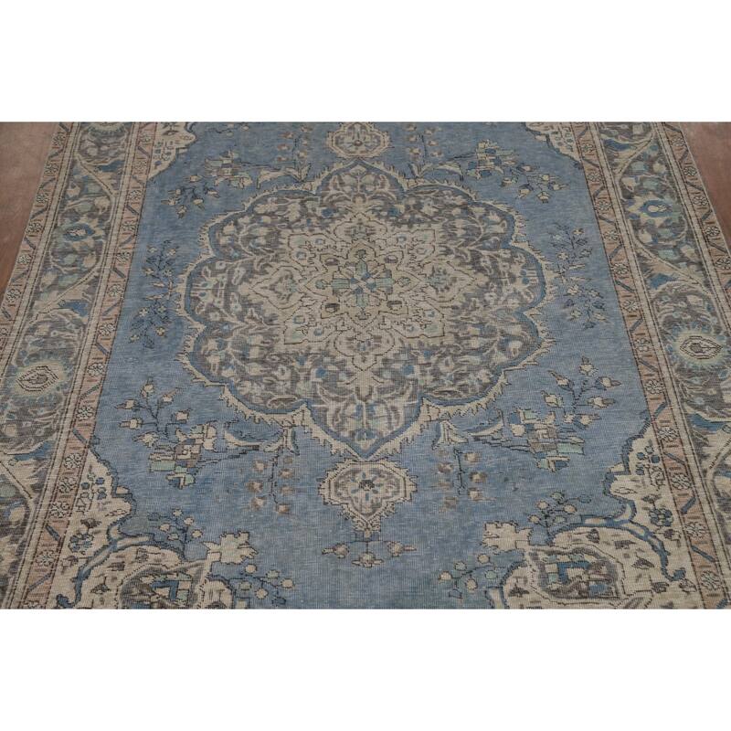 Blue Tabriz Persian Area Rug Handmade Traditional Floral Wool Carpet - 6'7"x 9'6"