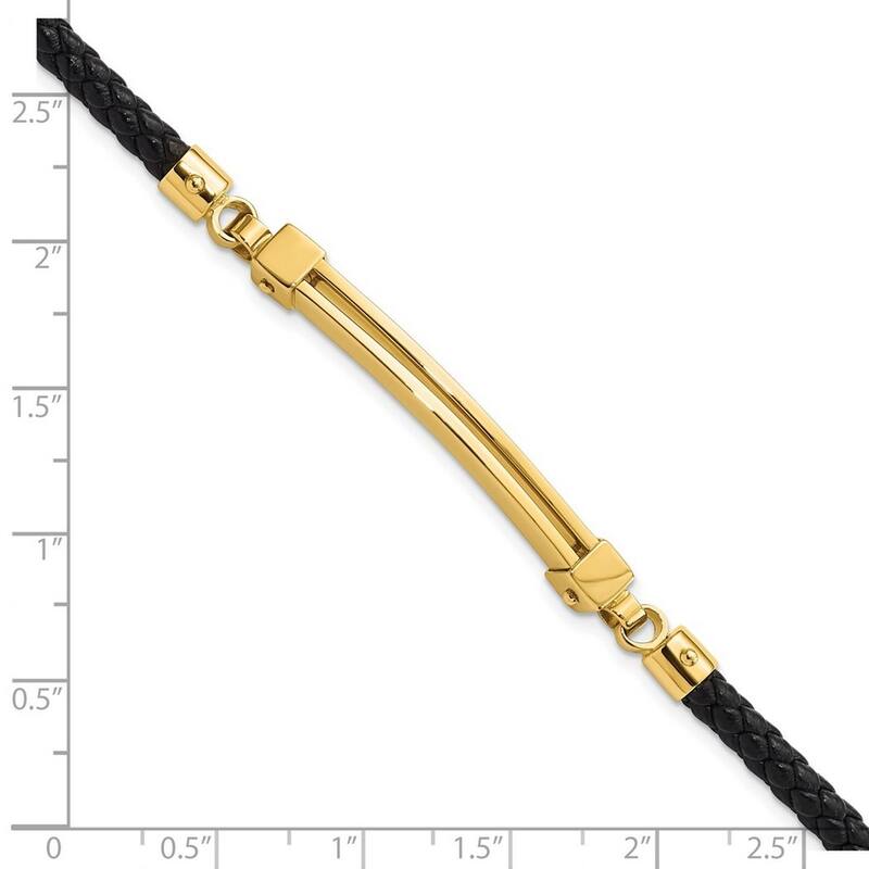 Curata 14k Yellow Gold 8" Polished Bar Leather Gold Bracelet