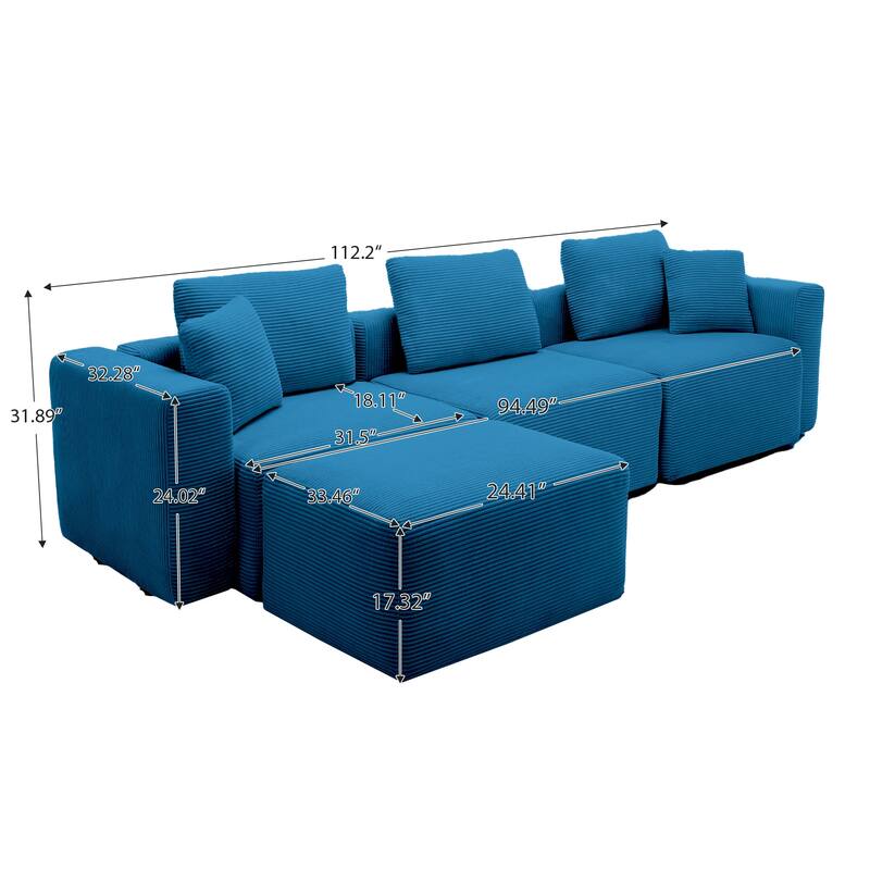 Corduroy Sectional Modular Sofa with Square Arms & Ottoman Extension for Flexible Arrangements
