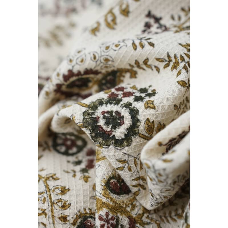Fabdivine Honeycomb or Waffle Weave Hand Block Floral Print Hand Towel, Kitchen Gift Use - Triveni- Dark Brown, Mustard - Set of 10
