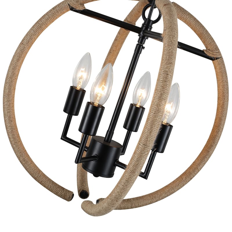 4-Light Beige Brown Hemp Rope Globe Chandelier - Beige Brown