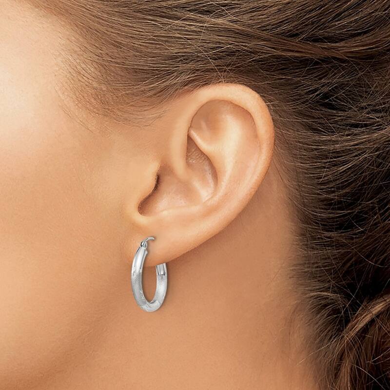 Curata 14k White Gold Satin and Sparkle Cut Round Hoop Earrings - 3mm 20x20mm