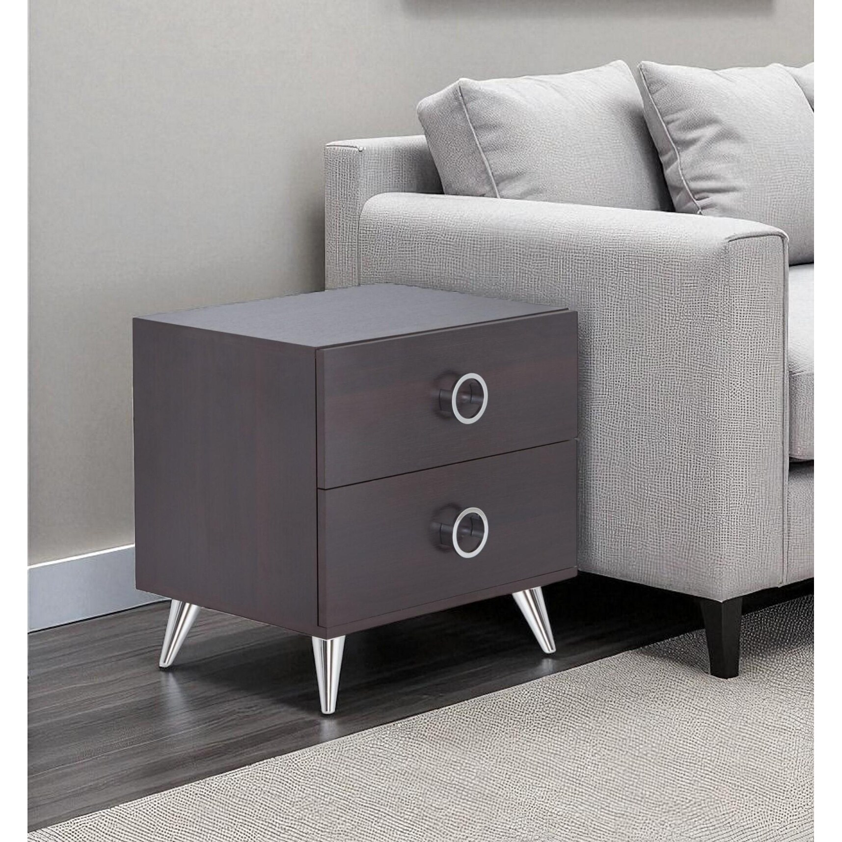 HomeRoots 20" Silver And Espresso End Table With Two Drawers - 20.00 in. x 20.00 in. x 17.00 in.