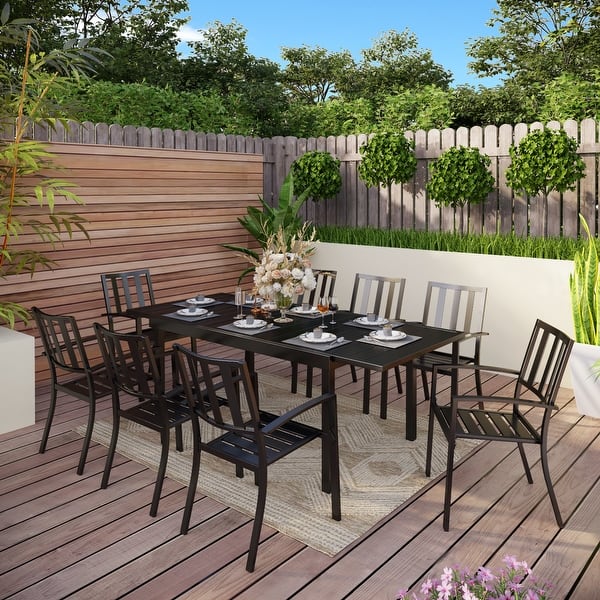 slide 2 of 27, MAISON ARTS Outdoor Patio Dining Set, 6/8 Metal Stackable Chairs and 1 Rectangular Expandable Table 9-Piece-Expandable Table