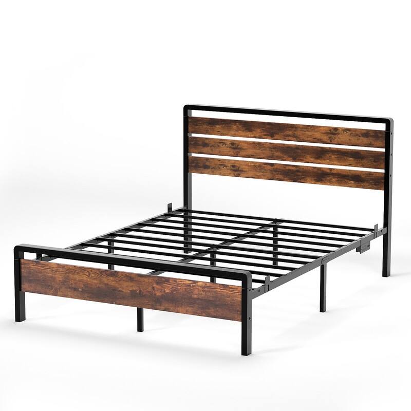 Bed Frame with LED Light and Charging Station, Metal Platform Bed with Wood Headboard