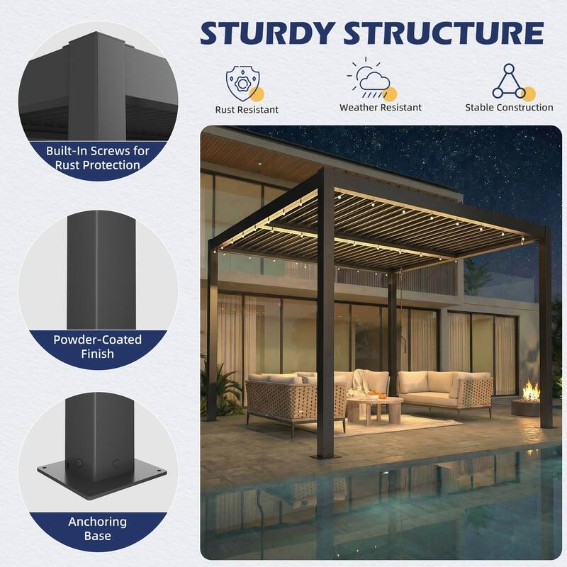 EROMMY Outdoor Louvered Pergola with Adjustable Aluminum Roof – Rainproof Gazebo for Patio & Garden