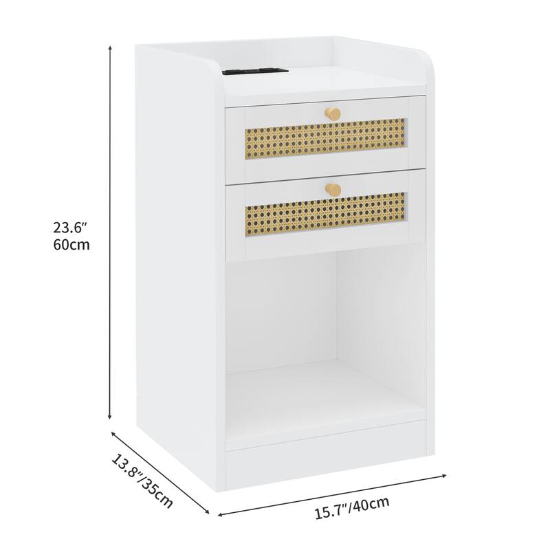 Moasis Rattan Set of 2 Nightstand with Charging Station LED Lights