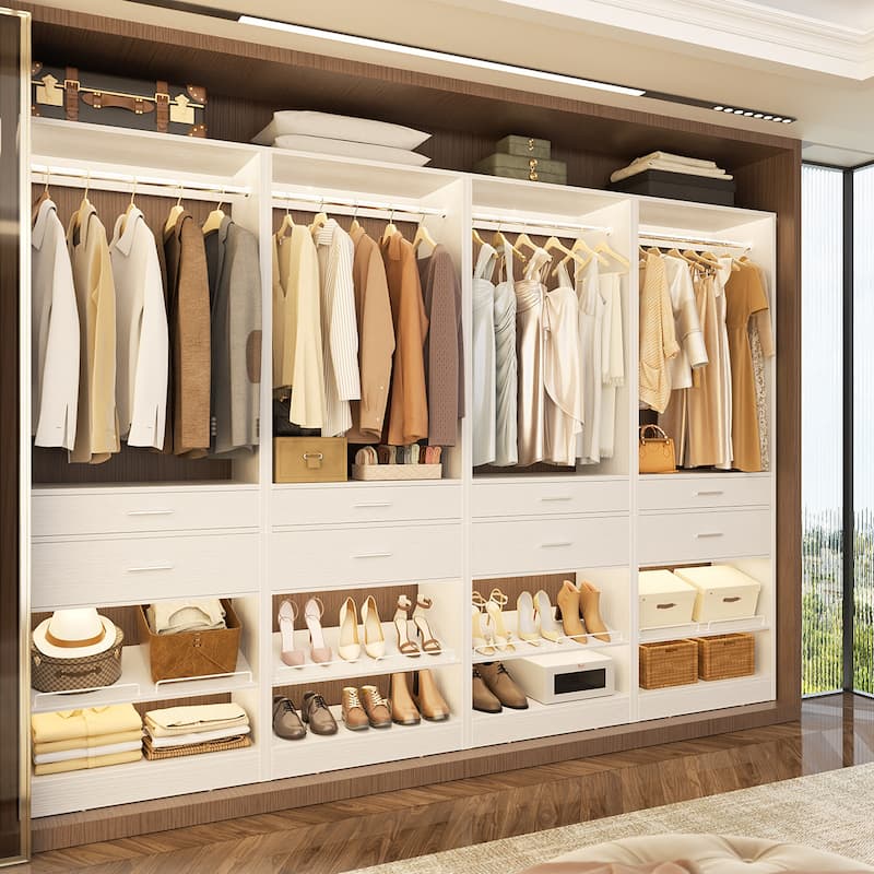 25'' W Freestanding Closet System with 2 Wooden Drawers and Adjustable Shoes Rack and Hanging Rod,Walk-in Closet Organizer - White - Set of 4