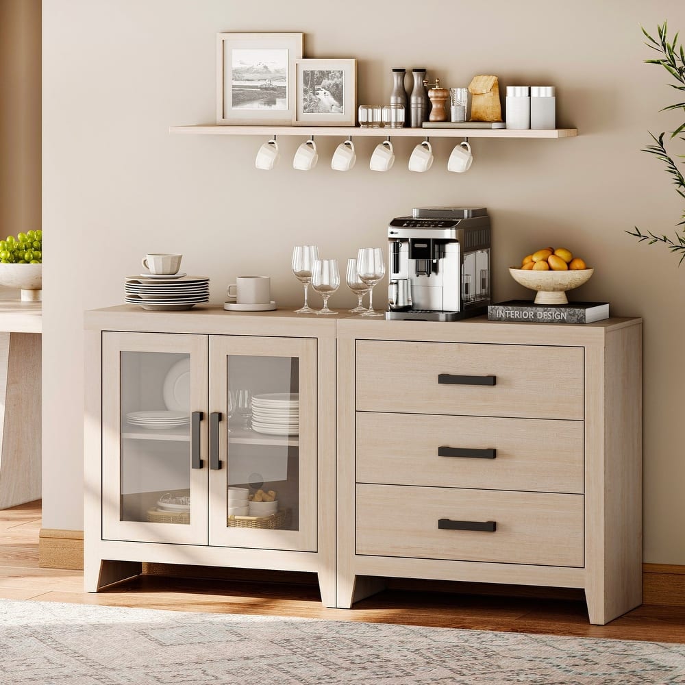 WAMPAT Farmhouse Buffet Cabinet, 2-Piece Sideboard with Glass Door & Storage Drawers for Kitchen
