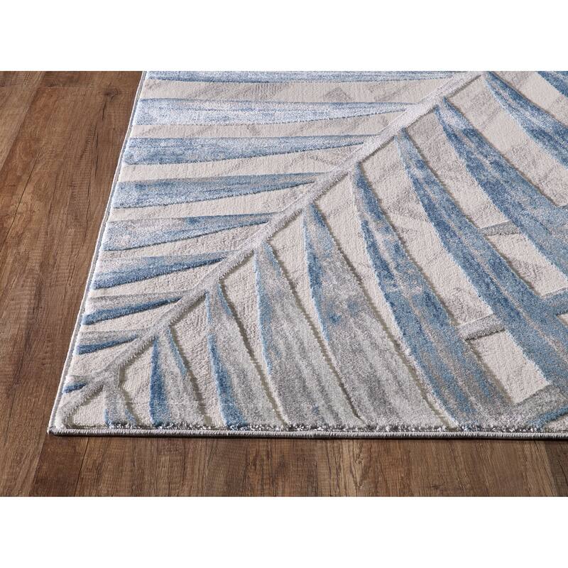 Blue Tropical Leaves Grey Blue Area Rug