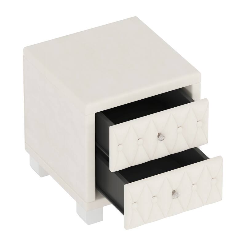 Elegant Velvet 2-Drawer Nightstand with Crystal Handles - Button-Tufted Storage Bedside Table (Beige)