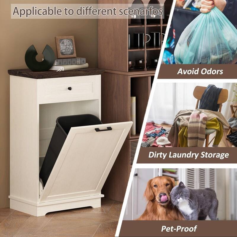 13 Gallon Tilt-Out Trash Can Cabinet, Freestanding Wooden Garbage & Recycling Bin with Hideaway Drawer(Trash Can Not Included)