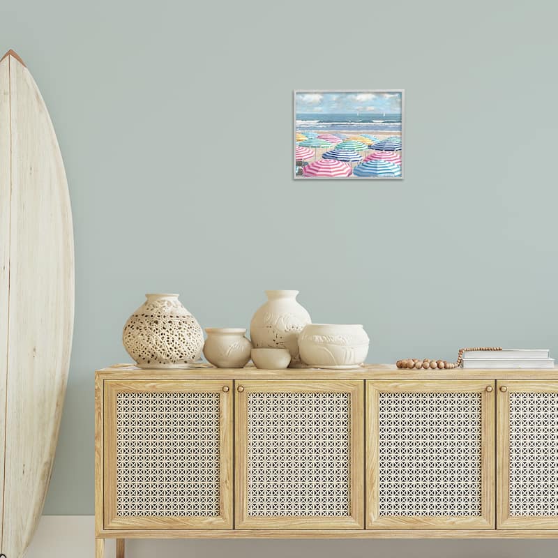 Stupell Shore with Bright Umbrellas Framed Giclee Art Design By Amber Sterling