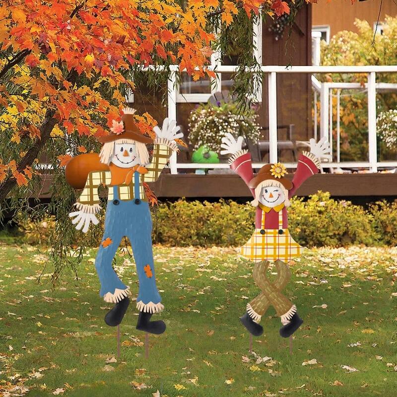 Glitzhome 36"H Set of 2 Fall Metal Cheerful Harvest Scarecrow Girl & Boy Yard Stake