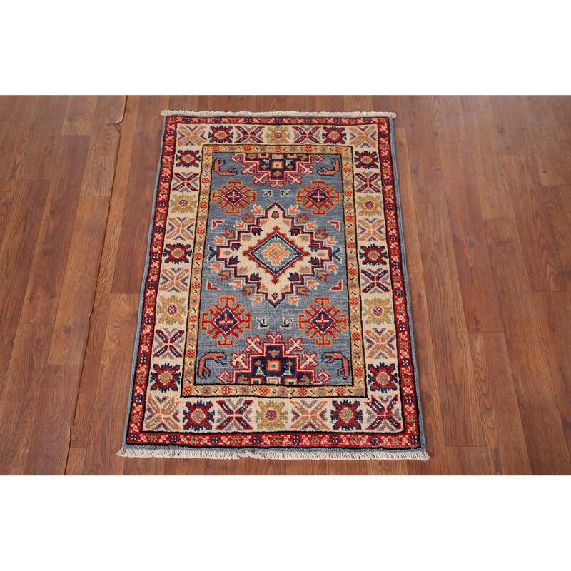 Light Blue Kazak Oriental Foyer Rug Hand-Knotted Wool Carpet - 2'1" x 2'11"
