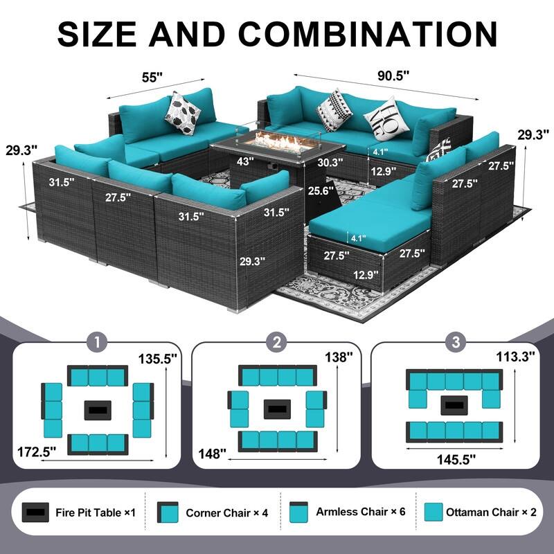 FINCATI Outdoor Grey Wicker Sectional Furniture Patio Sofa Set with Firepit Table