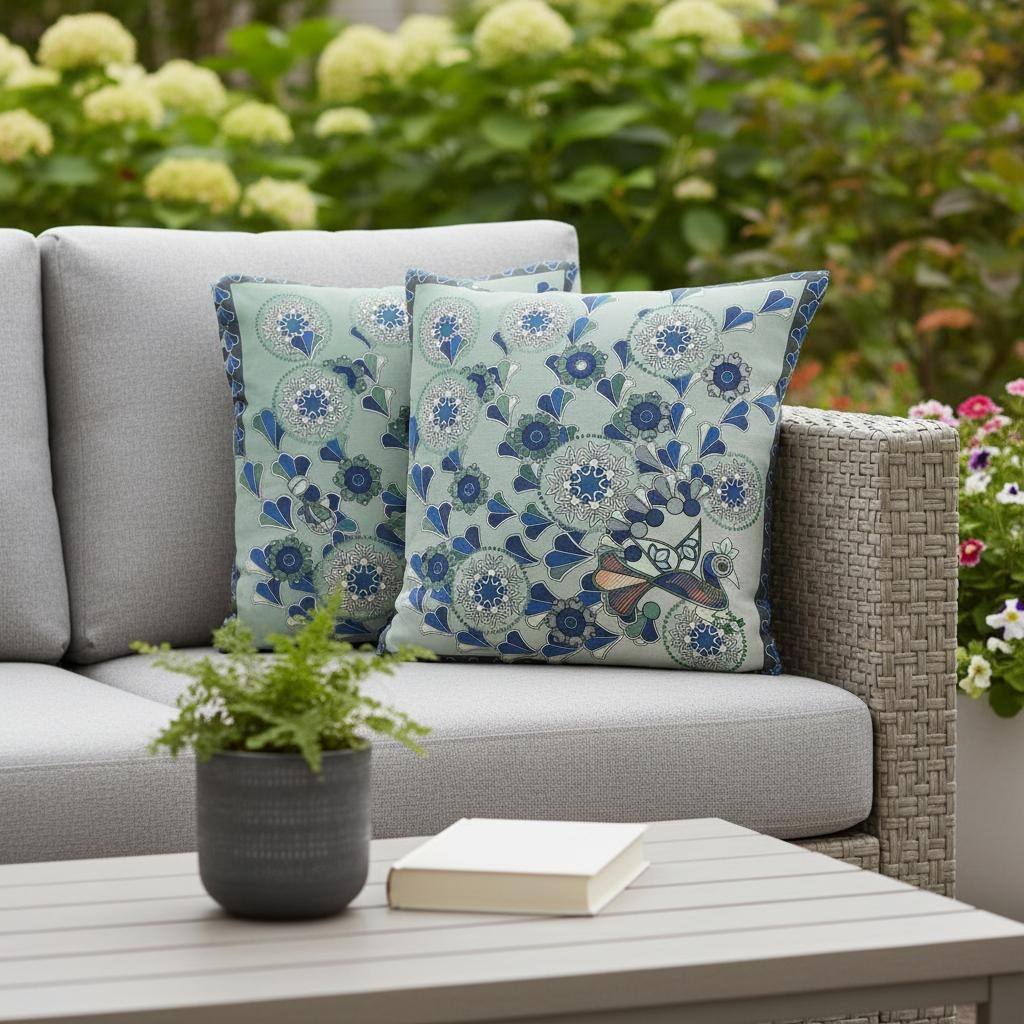 HomeRoots Set of Two 16" X 16" Green and Brown Peacock Blown Seam Floral Indoor Outdoor Throw Pillow - 16.00' X '16.00' X '5.00