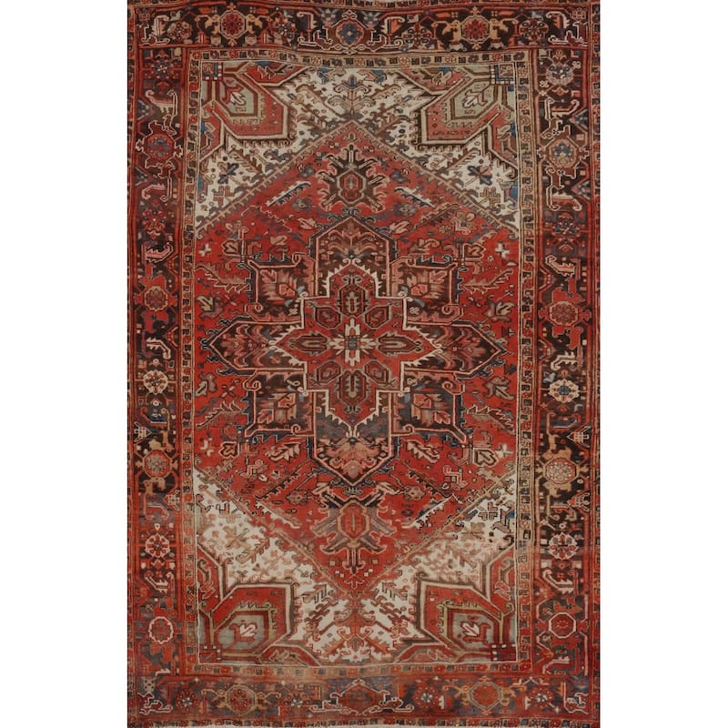 Hand Knotted Oriental 100% Wool Carpet Traditional Medallion Oranges & Rust Heriz Area Rug - 9' 4'' X 6' 9''