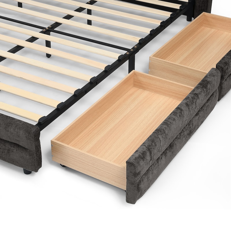 Thick Fabric Upholstered Bed Frame, Low Profile Storage Platform Bed with 4 Storage Drawers, Metal Legs and Wood Slat Support