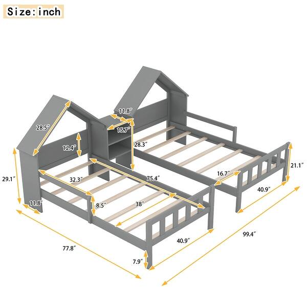 Kids and Baby Double Twin Size Platform Bed With House-shaped Headboard,A Nightstand