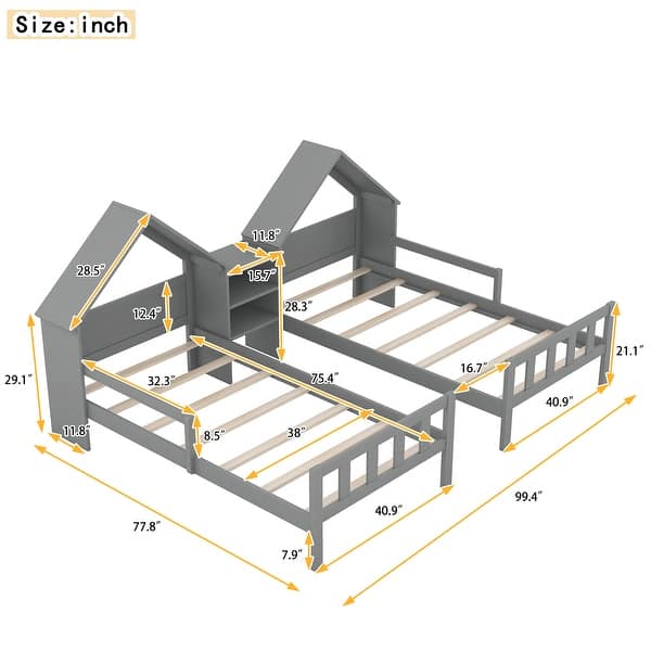 dimension image slide 0 of 2, Twin Size Platform Bed with House-Shaped Headboard, Built-in Nightstand, and Guardrails
