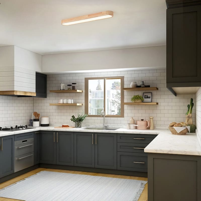 Modern LED Linear Ceiling Light Flush Mount Wood Finish 36 Inch Kitchen Dining Room - N/A