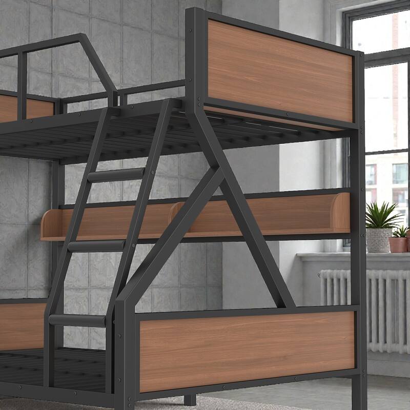 Metal Bunk Bed with Storage Shelves and LED Lights, Space Saving Noise Free Bunk Bed Frame with Guardrails