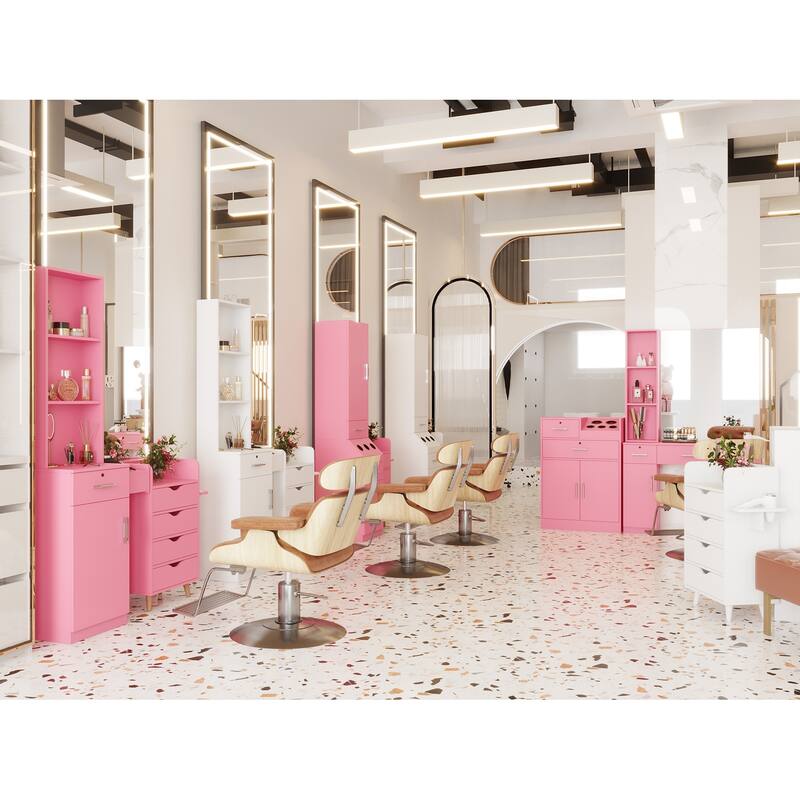 Salon Vanity with Mirror, Barber Beauty Spa Styling Station with Storage, Pink