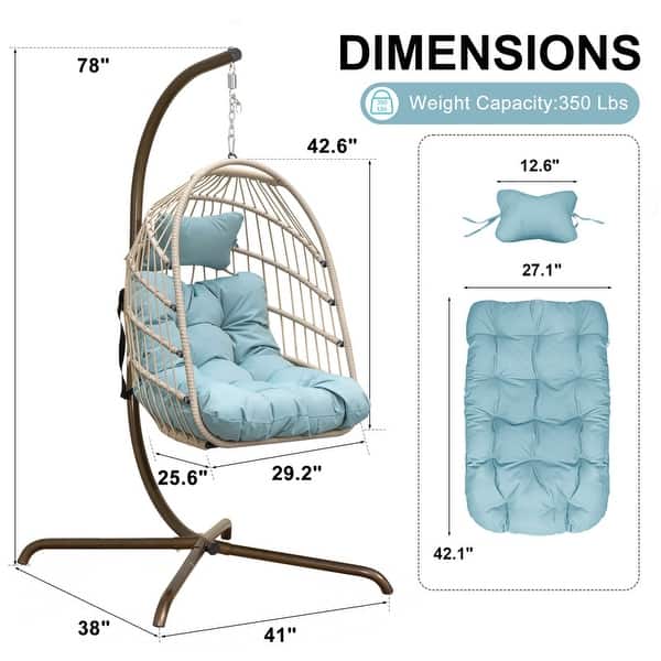 dimension image slide 2 of 5, Oversized 1-Person Foldable Hanging Egg Chair - Wicker Swing Chair with Stand, Portable for Indoor Outdoor Patio