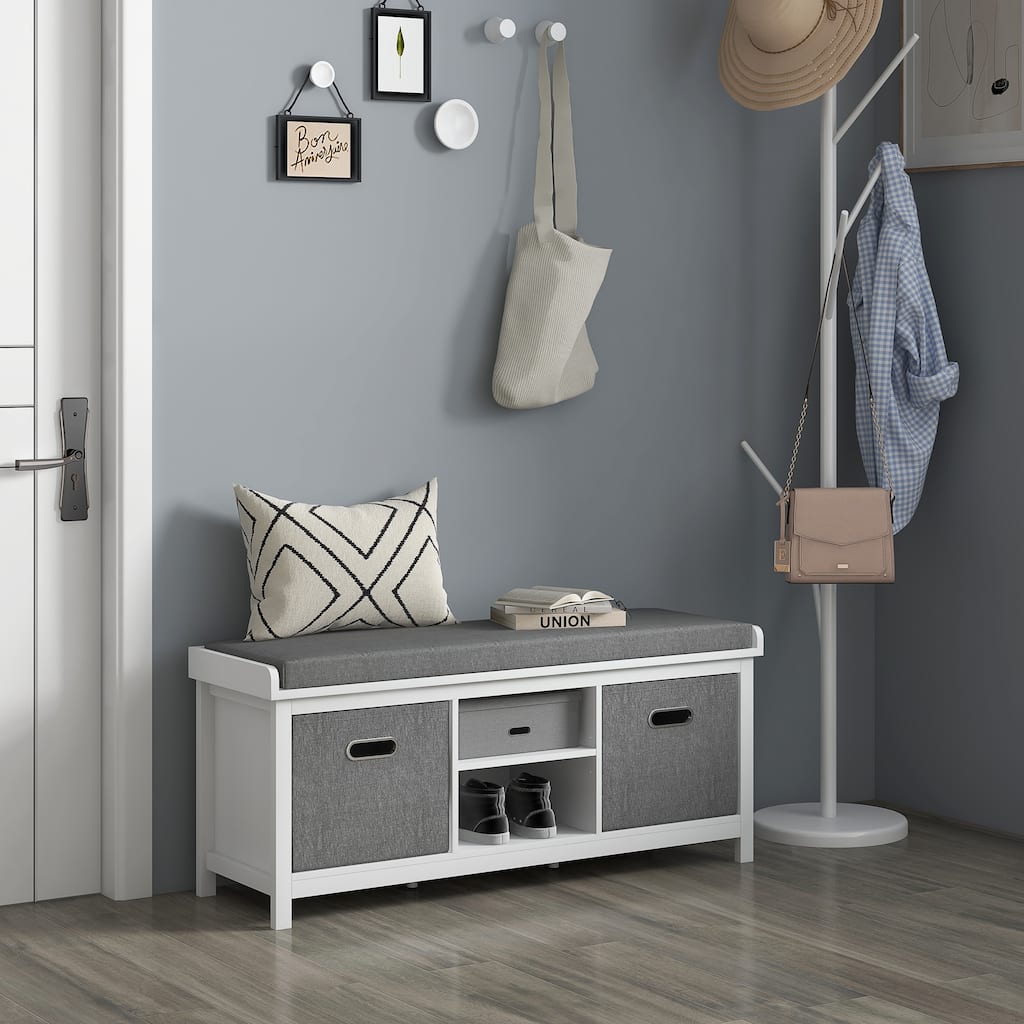 Upholstered Seat Storage Bench with Adjustable Shelves, White Gray Shoe Bench Entry Footrest Bench with Fabric Drawer