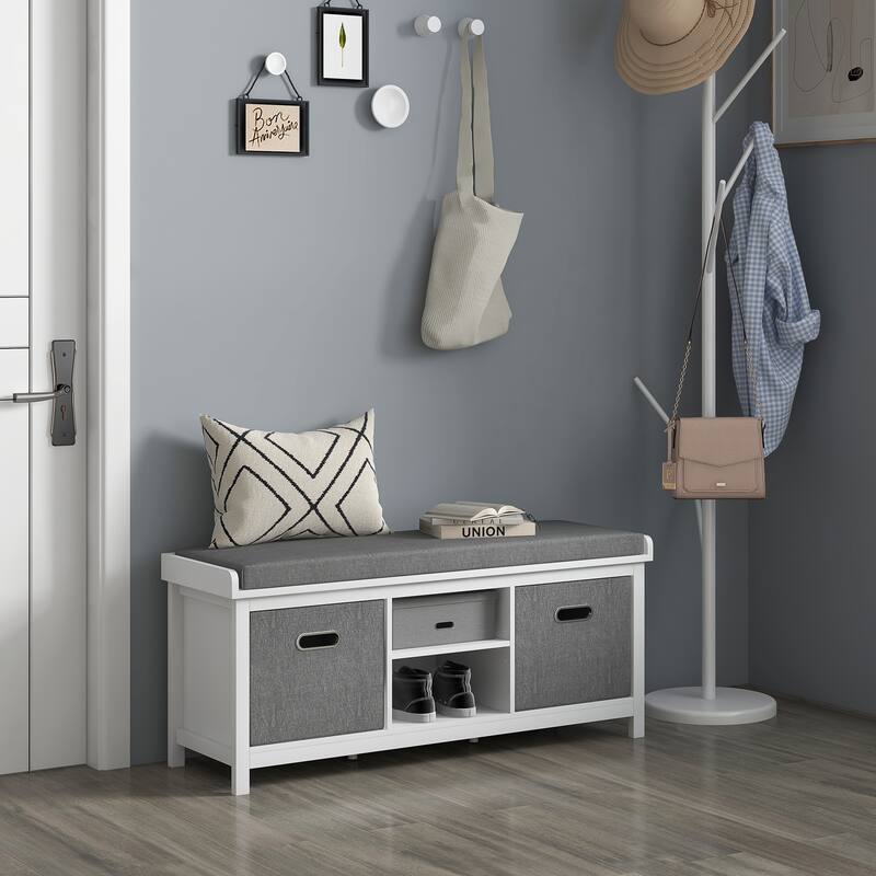 Upholstered Seat Storage Bench with Adjustable Shelves, White Gray Shoe Bench Entry Footrest Bench with Fabric Drawer - White Gray