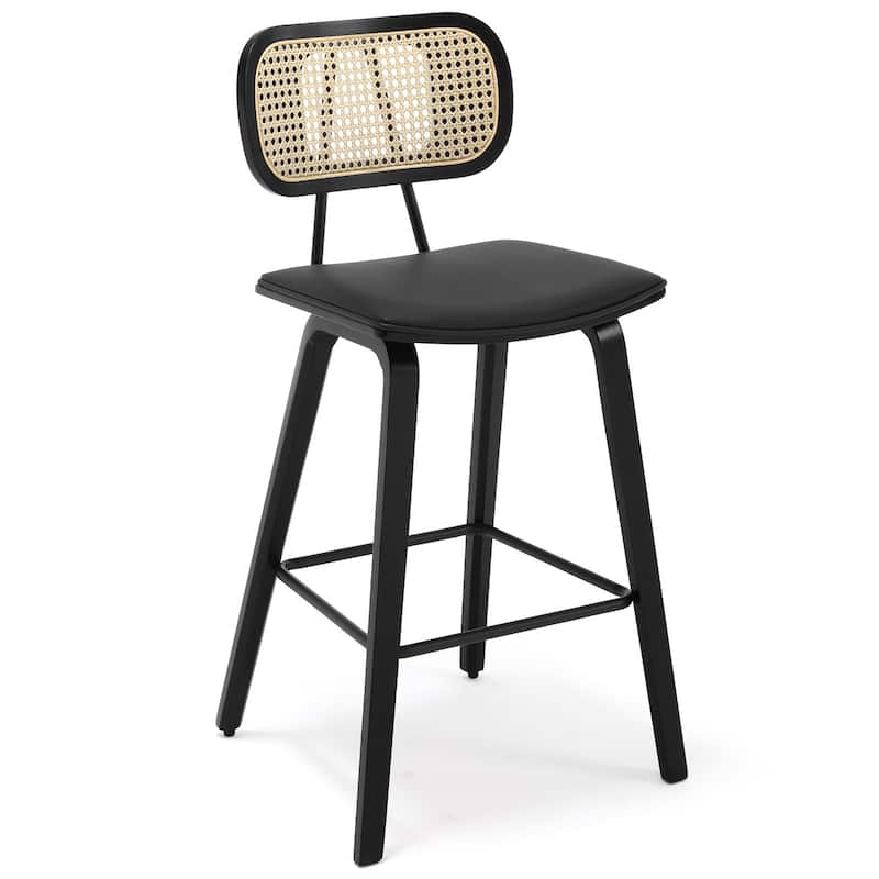 26-inch Wood Counter Height Bar Stools with Rattan Back - Single - Black PU-black frame