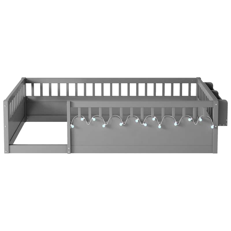 GDF Studio - Ellington Twin Montessori Floor Bed with High Rails, LED Light, and Storage Shelf