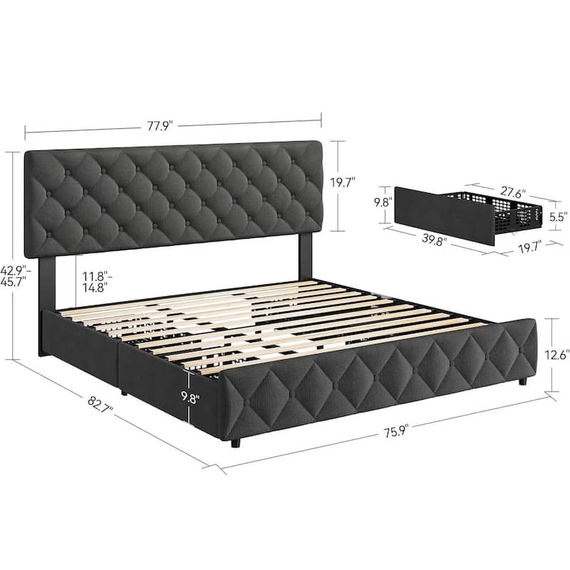 Bed Frame with 4 Storage Drawers and Adjustable Headboard