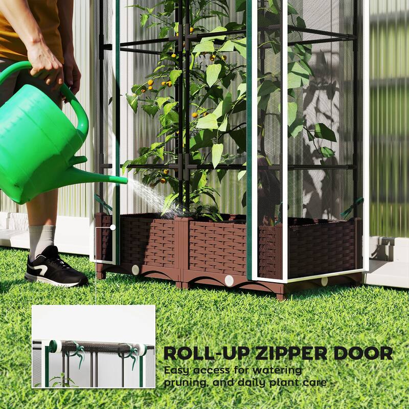 Outsunny Raised Garden Bed with Trellis,Tomato Cage with Crop Cage, Self Watering Planter Box with Drainage Holes and Plugs