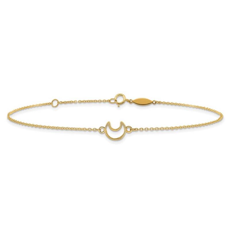 Curata Women's 14k Yellow Gold Textured and Polished Moon Anklet - 10 Inch