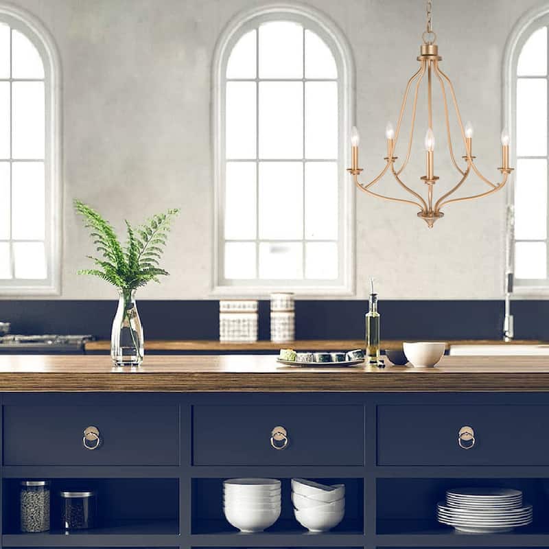 Modern Glam Gold 5-light Empire Wheel Chandelier Candle Ceiling Lighting for Foyer, Stairs - D24" x H89"