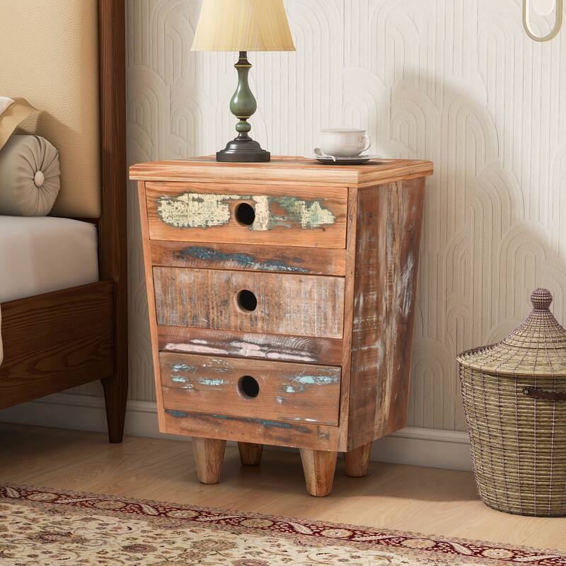 End Table Recycled Wood Nightstand, Side Table With 3 Drawers
