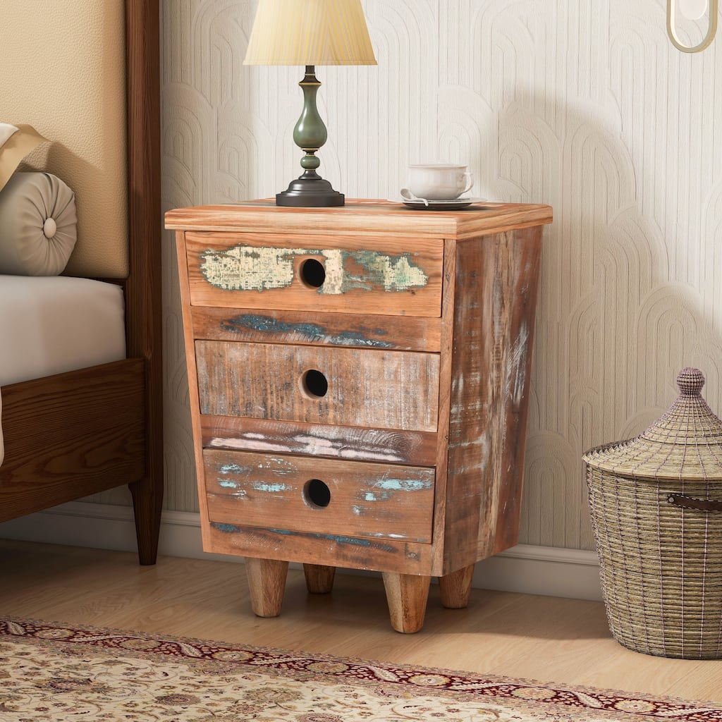 End Table Recycled Wood Nightstand, Side Table With 3 Drawers