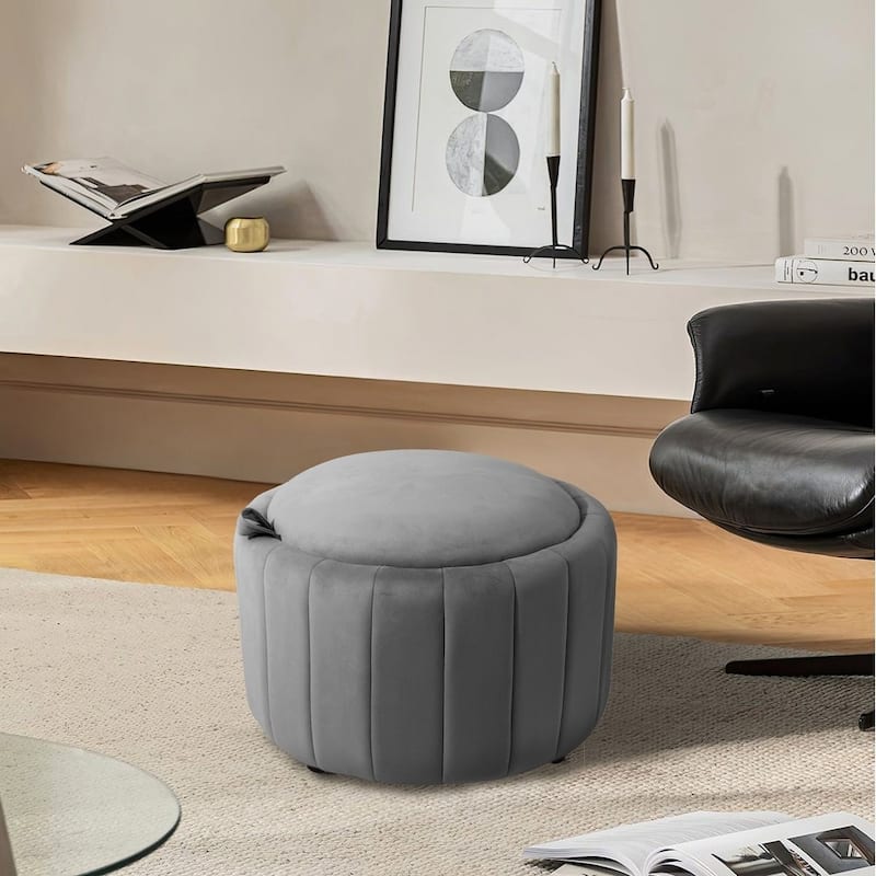 29" Modern Velvet Round Storage Ottoman - Grey