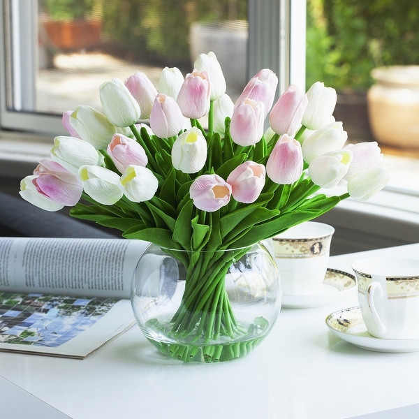 Enova Home Artificial Tulip Arrangement, Glass Vase, Faux Water