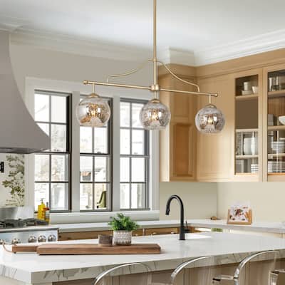 Ziv Mid-Century Modern 3-Light Gold Linear Chandelier Mercury Glass Island Lights for Dining Room - 28.5" L x 5.5" W x 13" H