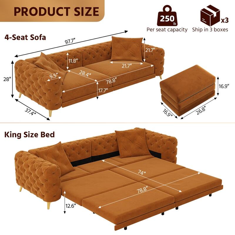 97.7" 3-in-1 Convertible Sleeper Sofa, Pull Out Sofa Bed with Ottoman, 4-Seater for Small Spaces & Apartments