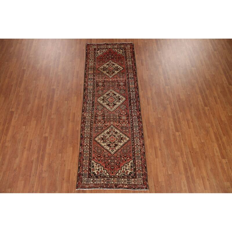 Hand Knotted Oriental 100% Wool Carpet Traditional Geometric Red Hamedan Runner Rug - 10' 3'' X 3' 6''
