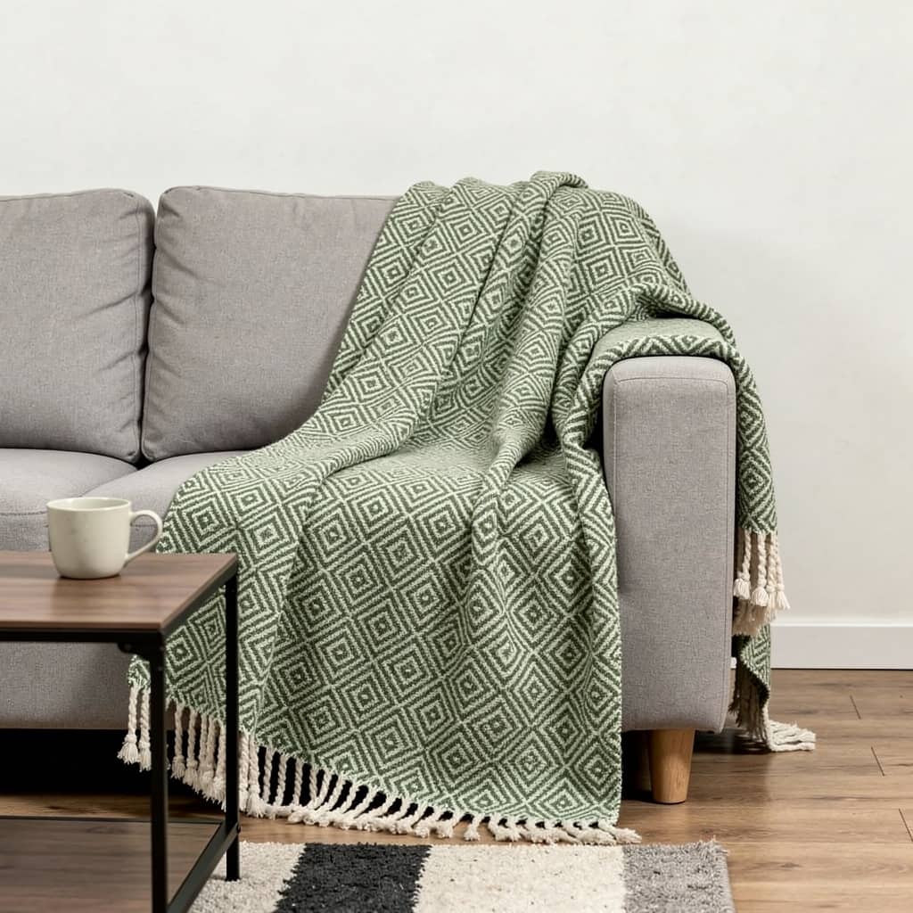 HomeRoots 50" X 60" Green Cotton Woven Geometric Throw Blanket with Fringe